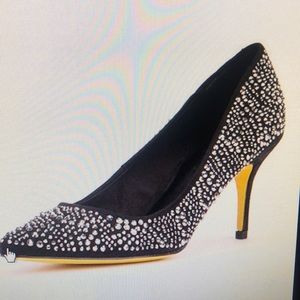Black & silver stud pointed closed toe,kitten heels, UNIQUE YELLOW bottoms